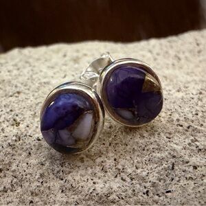 ❤️ Purple White Dahlia Kingman Turquoise 925 Southwestern PostBack Stud Earrings